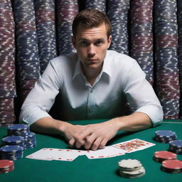 Represent an image of the same human character, engaged in the act of gambling, surrounded by stacks of betting chips and cards.