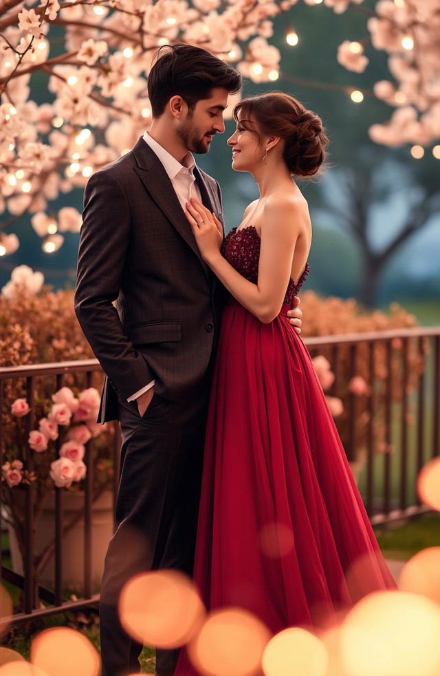 A romantic scene featuring a young couple in a picturesque setting, the man is wearing a stylish suit with a tailored fit and the woman is dressed in an elegant, flowing evening gown