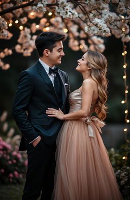 A romantic scene featuring a young couple in a picturesque setting, the man is wearing a stylish suit with a tailored fit and the woman is dressed in an elegant, flowing evening gown