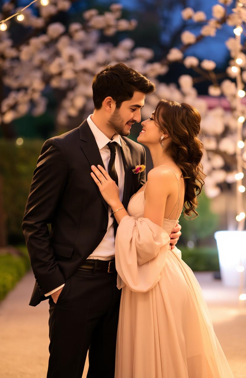 A romantic scene featuring a young couple in a picturesque setting, the man is wearing a stylish suit with a tailored fit and the woman is dressed in an elegant, flowing evening gown