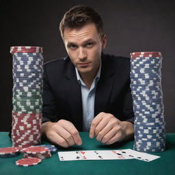 Represent an image of the same human character, engaged in the act of gambling, surrounded by stacks of betting chips and cards.