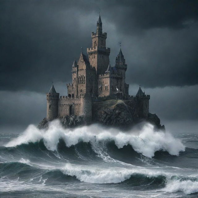 Generate an image of the devil, returning to his gothic-style castle in the midst of the stormy sea, implying the completion of his purpose.