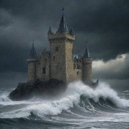 Generate an image of the devil, returning to his gothic-style castle in the midst of the stormy sea, implying the completion of his purpose.