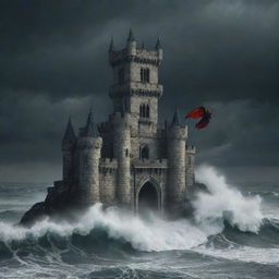 Generate an image of the devil, returning to his gothic-style castle in the midst of the stormy sea, implying the completion of his purpose.