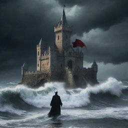 Generate an image of the devil, returning to his gothic-style castle in the midst of the stormy sea, implying the completion of his purpose.