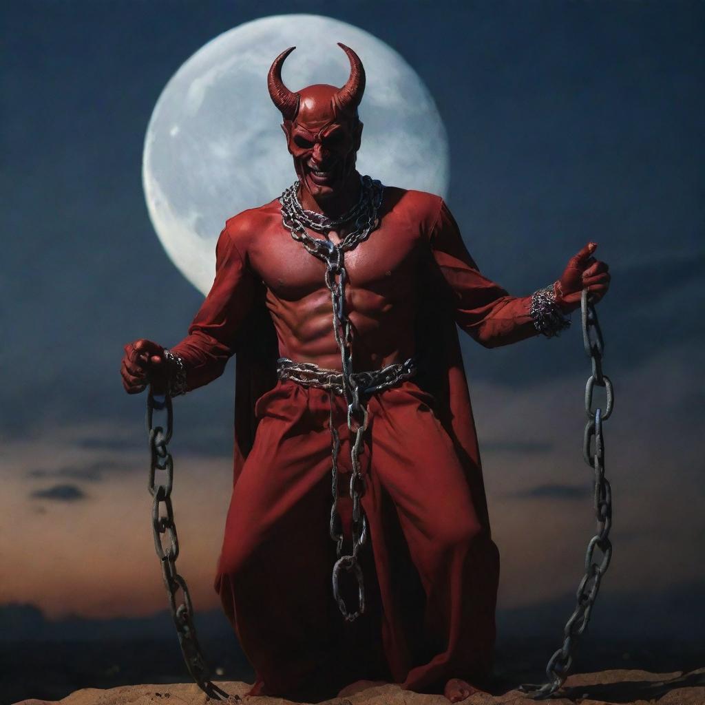 Create a narrative image of the devil, now bound in chains, under the moonlit sky of Ramadan, symbolizing end of his reign.