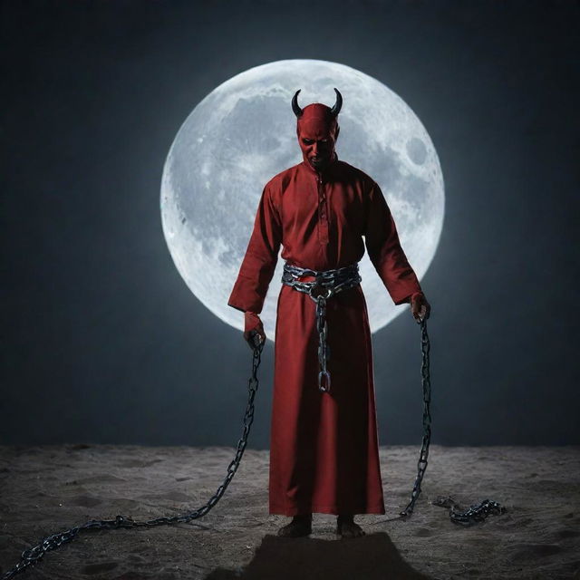 Create a narrative image of the devil, now bound in chains, under the moonlit sky of Ramadan, symbolizing end of his reign.