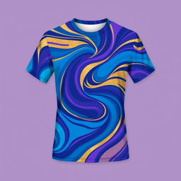 A stylish, modern t-shirt design featuring a vibrant abstract pattern with swirling colors of blue, purple, and gold