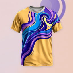 A stylish, modern t-shirt design featuring a vibrant abstract pattern with swirling colors of blue, purple, and gold