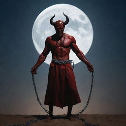 Create a narrative image of the devil, now bound in chains, under the moonlit sky of Ramadan, symbolizing end of his reign.