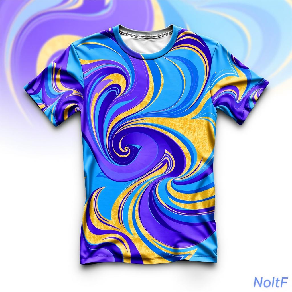 A stylish, modern t-shirt design featuring a vibrant abstract pattern with swirling colors of blue, purple, and gold