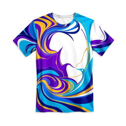 A stylish, modern t-shirt design featuring a vibrant abstract pattern with swirling colors of blue, purple, and gold