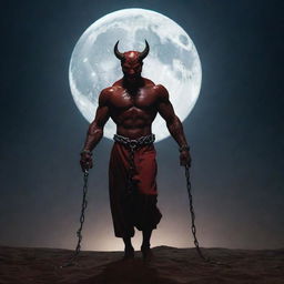 Create a narrative image of the devil, now bound in chains, under the moonlit sky of Ramadan, symbolizing end of his reign.