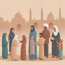 Generate an image illustrating a positive community scene during Ramadan, showing people engaged in various acts of kindness and goodwill.