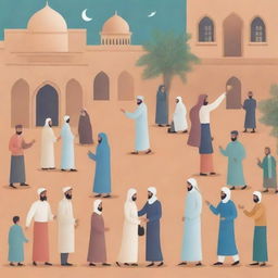 Generate an image illustrating a positive community scene during Ramadan, showing people engaged in various acts of kindness and goodwill.