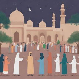 Generate an image illustrating a positive community scene during Ramadan, showing people engaged in various acts of kindness and goodwill.