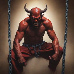 Depict an image of the devil in chains, looking out towards the harmonious and righteous activities during Ramadan, with an expression of anger and refusal on its face.