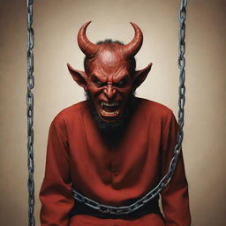 Depict an image of the devil in chains, looking out towards the harmonious and righteous activities during Ramadan, with an expression of anger and refusal on its face.