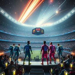 In a massive space arena floating amidst the stars, depicting an epic confrontation dubbed the 'Galactic El Clasico', Real Madrid and Barcelona teams stand poised to face off
