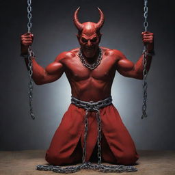 Depict an image of the devil in chains, looking out towards the harmonious and righteous activities during Ramadan, with an expression of anger and refusal on its face.