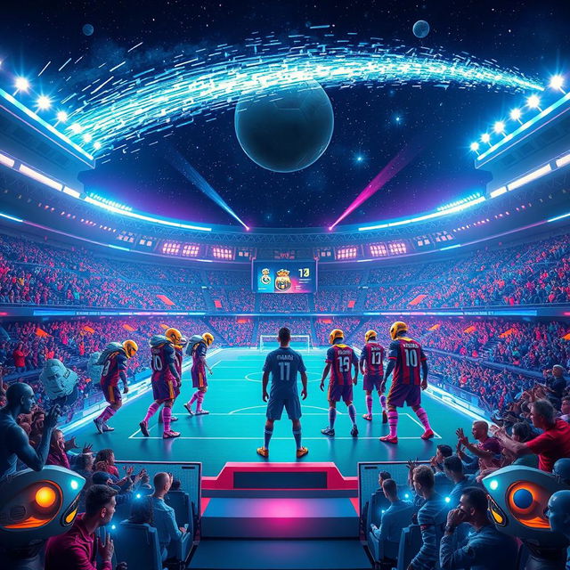 In a massive space arena floating amidst the stars, depicting an epic confrontation dubbed the 'Galactic El Clasico', Real Madrid and Barcelona teams stand poised to face off