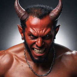 Illustrate the devil, free from chains at the end of Ramadan, resuming his actions of whispering temptations into the ears of humans.
