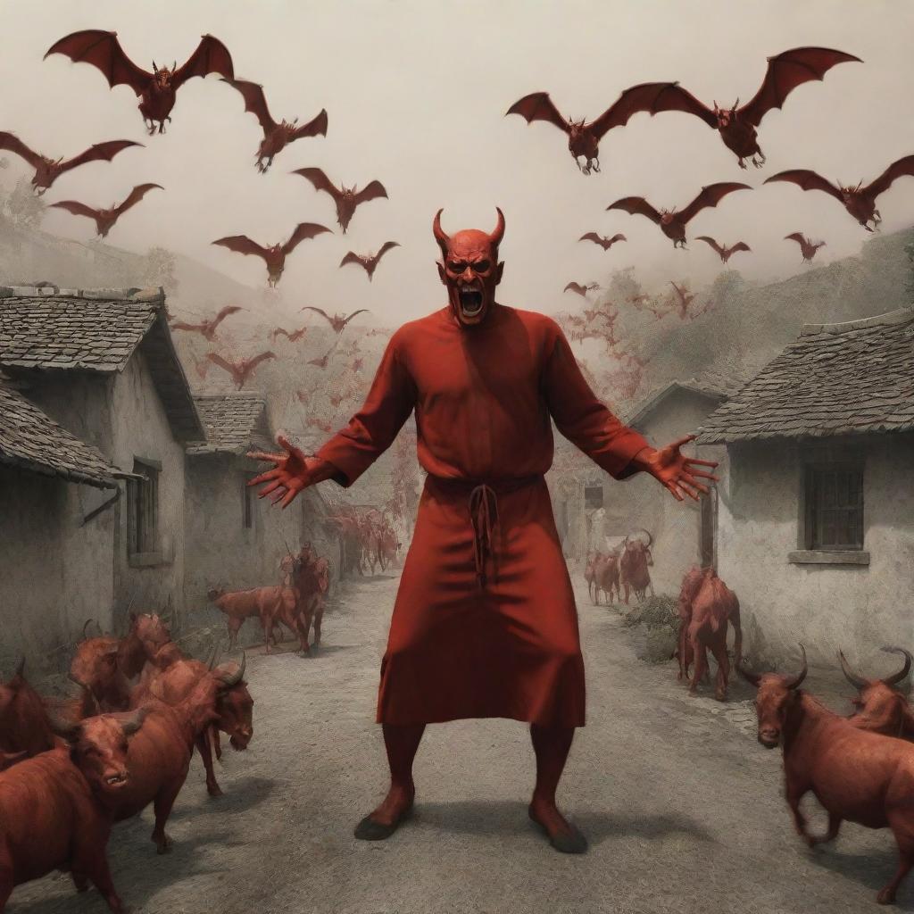 Generate an image representing the devil dispatching a group of demons who then descend upon a peaceful village.