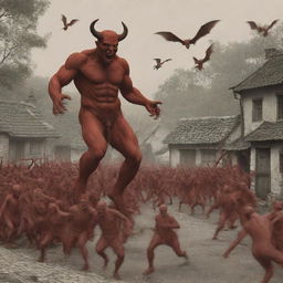 Generate an image representing the devil dispatching a group of demons who then descend upon a peaceful village.