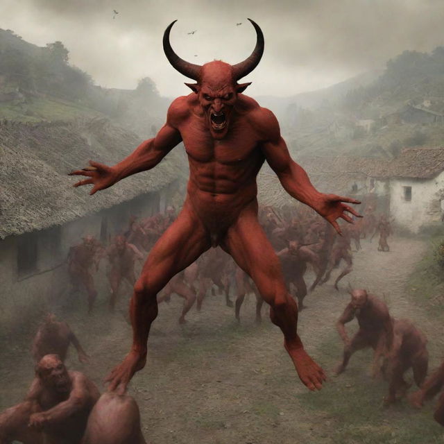 Generate an image representing the devil dispatching a group of demons who then descend upon a peaceful village.