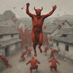 Generate an image representing the devil dispatching a group of demons who then descend upon a peaceful village.