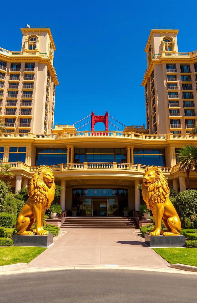 A luxurious and expansive hotel facility situated prominently in front of the iconic Golden Gate Bridge