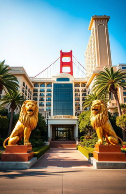 A luxurious and expansive hotel facility situated prominently in front of the iconic Golden Gate Bridge