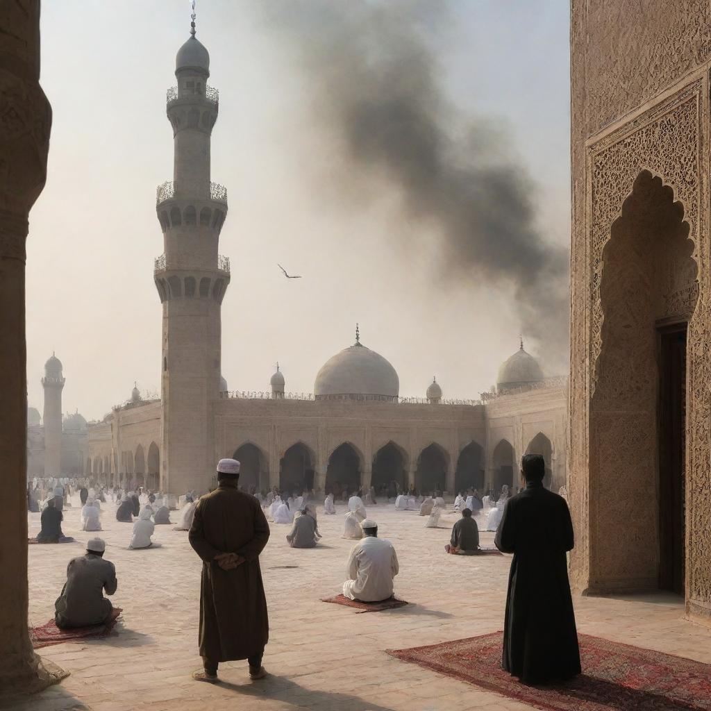 Create a contrasting scene wherein a person is seen calling the Adhan (Islamic call to prayer) in a mosque, while the demons dispatched by the devil are seen approaching the village.