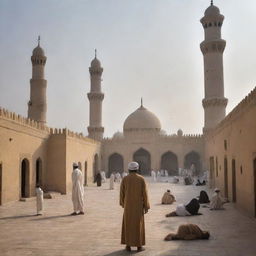 Create a contrasting scene wherein a person is seen calling the Adhan (Islamic call to prayer) in a mosque, while the demons dispatched by the devil are seen approaching the village.