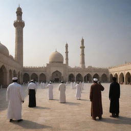 Create a contrasting scene wherein a person is seen calling the Adhan (Islamic call to prayer) in a mosque, while the demons dispatched by the devil are seen approaching the village.