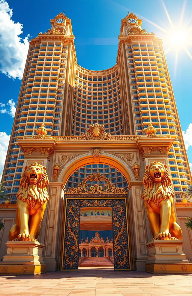 A stunning illustration of a luxurious hotel facility, towering in height and grandeur