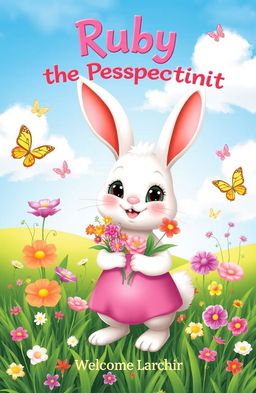 A cheerful, friendly rabbit named Ruby with soft white fur and big, kind eyes, standing upright and holding a small bouquet of colorful flowers