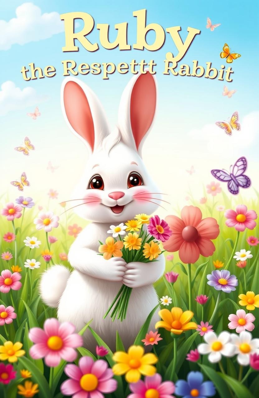 A cheerful, friendly rabbit named Ruby with soft white fur and big, kind eyes, standing upright and holding a small bouquet of colorful flowers