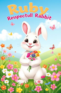 A cheerful, friendly rabbit named Ruby with soft white fur and big, kind eyes, standing upright and holding a small bouquet of colorful flowers