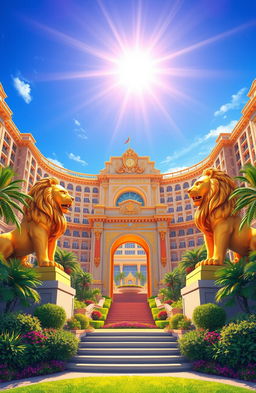 A magnificent illustration of a luxurious, expansive hotel facility, featuring intricate architectural details and vibrant landscaping