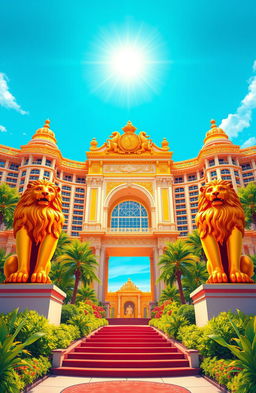 A magnificent illustration of a luxurious, expansive hotel facility, featuring intricate architectural details and vibrant landscaping