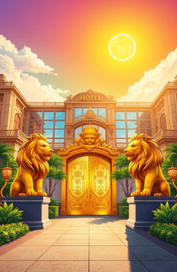 An illustration of a luxurious, expansive hotel facility with an elegant architectural design