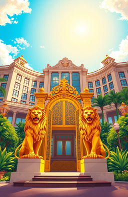 An illustration of a luxurious, expansive hotel facility with an elegant architectural design