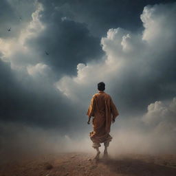 Depict a scene where previously approaching demons, terrified by the sound of Adhan, are now fleeing towards the sky, amidst a backdrop of clouds.