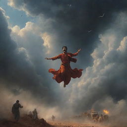 Depict a scene where previously approaching demons, terrified by the sound of Adhan, are now fleeing towards the sky, amidst a backdrop of clouds.