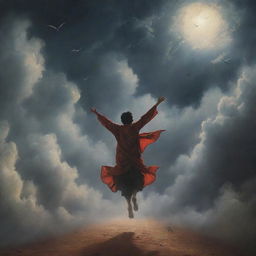 Depict a scene where previously approaching demons, terrified by the sound of Adhan, are now fleeing towards the sky, amidst a backdrop of clouds.