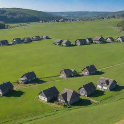 A tranquil countryside scene with sprawling green fields, small cozy houses, and a clear blue sky.