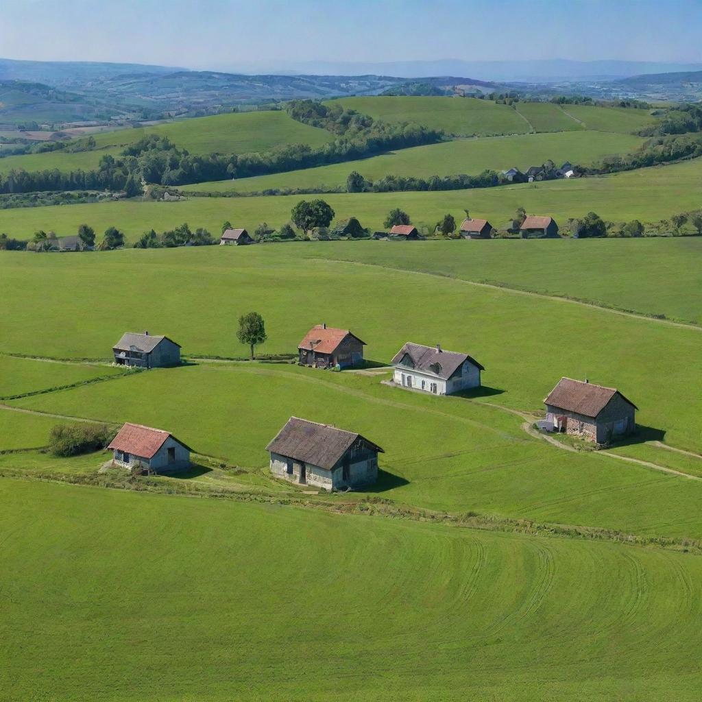 A tranquil countryside scene with sprawling green fields, small cozy houses, and a clear blue sky.