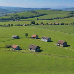 A tranquil countryside scene with sprawling green fields, small cozy houses, and a clear blue sky.