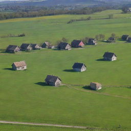 A tranquil countryside scene with sprawling green fields, small cozy houses, and a clear blue sky.